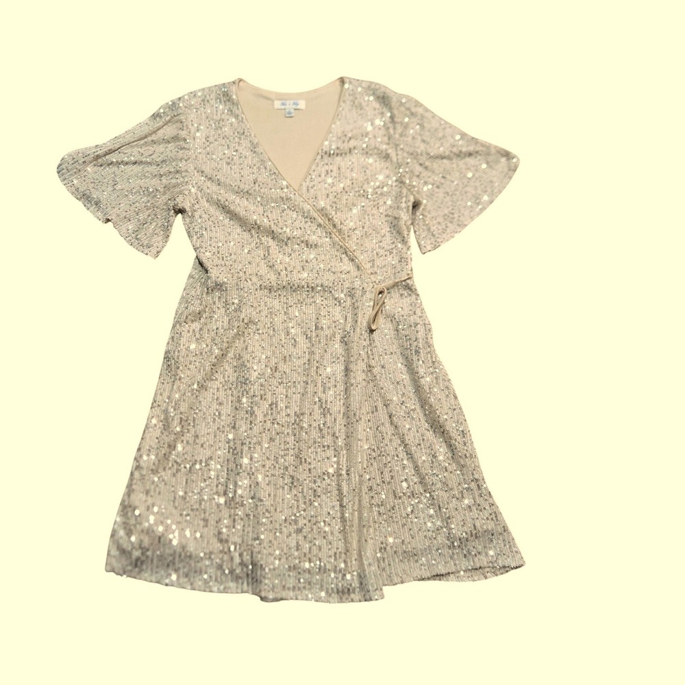 She + Sky Sequin Wrap Dress Champagne Gold Short Flutter Sleeve Size L